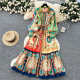 Fongt Printed Dress Woman 2025 Spring Strap To Cover Collar Long Sleeve Single Row Buckle Folding Skirt