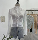 Real Shooting 2024 New Hot Diamond Half-High Collar Perspective Thin-Bottomed Shirt Mesh Top Beautiful Chic Shirt
