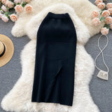 Fongt Solid Color Skirt Winter With Sweater High Waist Thin Temperament Open Elastic Knitted Hip Long Skirt