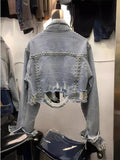 New Station Heavy Industry Rivet Set Diamond Denim Jacket Female Worn Nail Bead Jacket Jacket-Outfit