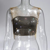 Fongt Nightclub Dresses Fishnet Hollow Out Rhinestone Vest Mesh Flash Diamond Sling Top
