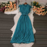 Fongt Sense Of Light Luxury Temperament Flying Sleeve Round Recipient Waist Thin A Word 100-Fold Dress Elegant Swing Long Skirt