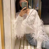 Casual Patchwork Feather Blouse For Women Lapel Lantern Sleeve White Solid Shirt Female Fashion New Clothing