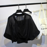 Two Piece Set Striped Chiffon Grid Summer Half Sleeve Loose V-Neck Floral Spring Cool Blouses Sweet Ladies Short Tops