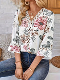 Fongt New Loose V-Neck Commuter Horn Sleeve Lace T-Shirt