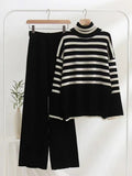 and White Stripe Knitted Two Piece Women Sets Casual Elastic Waist Pants Set Women 2 Piece Autumn Turtleneck Sweaters