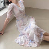 French Style Women Elegent Party Midi Print Dress Female Fashion A Line Holiday Clothes