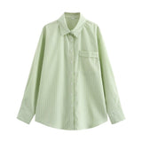 New Four-Color Striped Single Pocket Loose Casual Shirt-Outfit