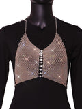 Women Trendy Shiny Rhinestone Crop Top Glitter Crystal Mesh Fishnet See Through Backless Tank Top for Women Y2K Halter