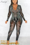 Sparkle Black Silver Rhinestones V Neck Sheer Jumpsuits Women Glitter Long Sleeve Mesh Crystal Romper Nightclub