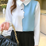 Han Queen Women Autumn Vintage Stitching Print Blouses Korean Elegant Office Shirt Long Sleeve Shirt Ladies Chiffon Blouse