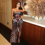 Women Vintage Butterfly Oil Painting Print Dresses Wrap Strapless High Split Dresses Prom Casual Gowns-Outfit