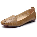 Breathable Genuine Leather Summer Shoes Woman 2021 Flat Heel Hollow Out Flats Slip On Shoes For Women