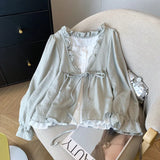 Aesthetic Patchwork Bow Tie Long Sleeve Blouse-Outfit