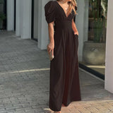 Fongt New Women's Short-Sleeved Stylish Elegant Large-Size Wide-Legged Jump-Legged Jumpsuit
