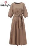 Dress Women 2023 New Cotton Linen Solid Lace Up Casual Oversize O Neck Chic Long Sleeve Midi Dresses for Women with Belt-Outfit