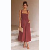Fongt 2023 Sexy Outback Solid Color Cotton And Linen Collar Sling Dress 22010-Outfit