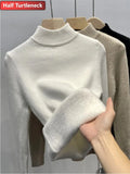Warm Sweater Pullover Women Slim Thicken Plush Velvet Lined Knitwear Jumper Korean Half Turtleneck Poleras Soft Knit