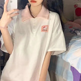 Kawaii Preppy Style Cartoon White T-shirts Women Oversize Sweet Korean Style Cute Short Sleeve Top Casual Polo