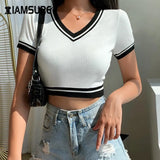 2020 Summer Patchwork V Neck Slim Outfits Ribbed T-Shirt For Women Korean Style Casual Basic Female Crop Tops