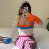 Hollow Out Women's Sweater Square Collar Patchwork Long Sleeve Sweaters Pullovers 2021 Autumn Ladies Sweet Fashion