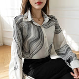 Women's Shirt Spring Clothing for Women Ink Painting Pattern Polo Neck Tops Basic Button Up Long Sleeve Shirts for
