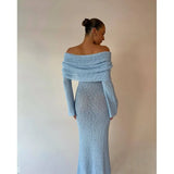 Fongt Color Beach Holiday Dress Knitted One-Word Long Dress Hooded Summer Women's Long Sleeve