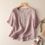 Fongt Cotton T-Shirt Women's Summer Size 2025 New Mother Loose Rib Linen Short-Sleeved T-Shirt