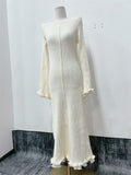 Fongt New Women's Pure-Colored Round-Neck Long Sleeves To The Wooden Ear Dress