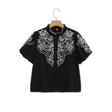 Fongt Women's New Bubble Sleeve Embroidered Short-Sleeved Shirt 2595