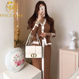 2021 Autumn Winter Korean Color Black Knitted Suit Women's V-Necked Cardigan Sweater + High Waist Midi Skirt Two Piece