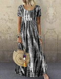 Fongt Summer Dress Wish Round Collar Short Sleeve Tie-Dye Print Skirt Big-Outfit