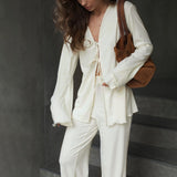 Fongt Casual Light And Thin Tight With Horn Sleeves Loose Waist Straight Trousers Knitting Set Spring And Autumn