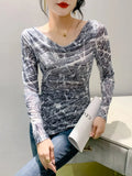 Autumn Mesh T-shirt Women Full Sleeve Irregular Hem Elegant High Stretch Slim Top-Outfit