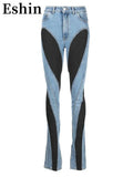 Fashion Women Jeans Slim Deconstruct Panelled Patchwork High Waist Split Blue Long Denim Pants Autumn 2024 New TH3141-Outfit