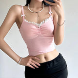 Desire Lace Lace Small Bow Stitching Young Girl Fresh V-Collar Small Sexy Pink Sling Vest-Outfit