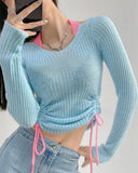 Autumn Winter y2k Clothes Women Pullover Sweater Long Sleeve T-shirts Side Pleated Lacing Simple Basic Solid Color