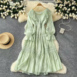 Fongt Retro Design Collar Lotus Side Splicing Single Buckle Horn Lace Lace Waist Dress Woman