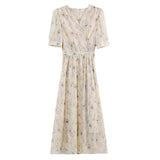 Fongt Wind Broken Flower Dress Women's Summer New Tea Break French High-Grade Feeling Thin V-Neck Long Dress