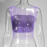 Fongt Nightclub Dresses Fishnet Hollow Out Rhinestone Vest Mesh Flash Diamond Sling Top