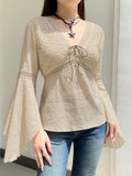 Fongt Cloth Forgets The Ancient Wild Folk Style V Tie With Horn Long-Sleeved Top Knitted Shirt