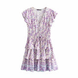 Fongt Cotton Purple Print Short-Sleeved Leaf Sleeve Dress 9982
