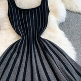 Fongt New Temperament Elegant Vertical Stripes To Close The Waist Thin Sling Dress Light Style Knitting Skirt Woman