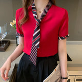 2022 Summer Womens Shirts Korean Fashion Blouse Short-sleeve Chiffon Women Blouse Loose OL Womens Tops Bow Tie Button Up