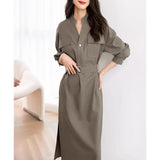 Fongt Temperament Commuting Long Sleeves Wearing Skirts In The Fall Of 2025 New V-Neck Waist Thin Shirt Dress Lady