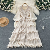 Fongt New Elegant Dress Spring Dress High-End Retro Collar Lantern Sleeves To Close Waist Lotus Leaves Side Pressure Skirt Dress Woman
