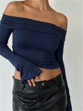 Women Slash Neck Off Shoulder T-shirts Crop Tops Long Flare Sleeve Solid Slim Fit Casual Tees Shirts Streetwear 2023-Outfit