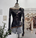 Fongt Shooting Lace Splicing Oblique Shoulder Thin Tie-Dye Mesh T-Shirt Girl T-Shirt T-Shirt Shawl T-Shirt 9986