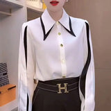 Solid Color Patchwork Shirt Stylish Lantern Sleeve Spring Autumn Single-breasted Female Clothing Turn-down Collar Blouse-Outfit