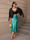 2024 New Women's Satin Slim Skirt Satin Solid Color Medium-Long Buttocks Fishtail Skirt-Outfit